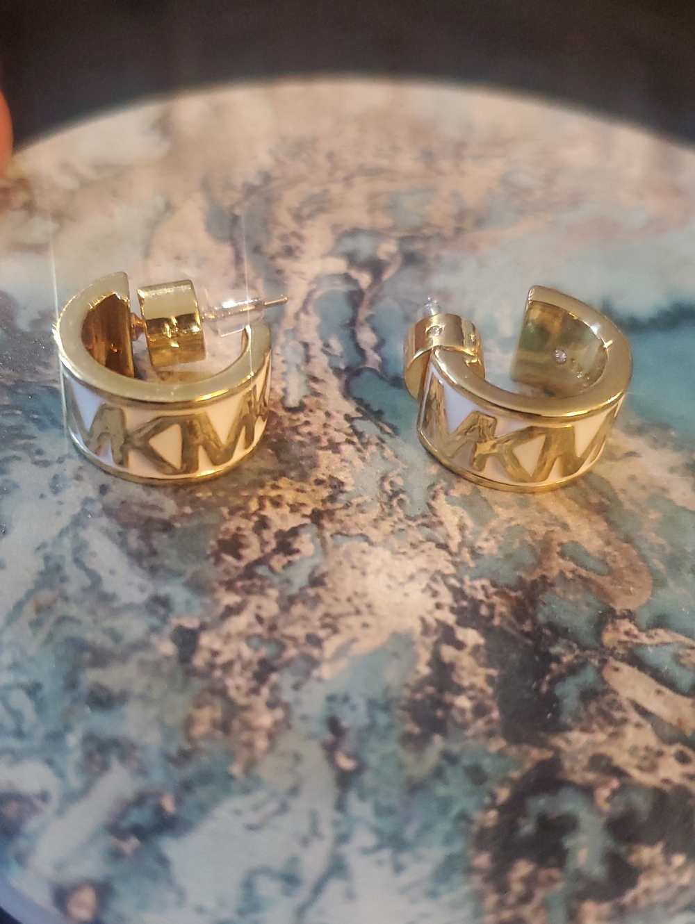 Michael Kors Gold Hoop Earrings with White Enamel Trim